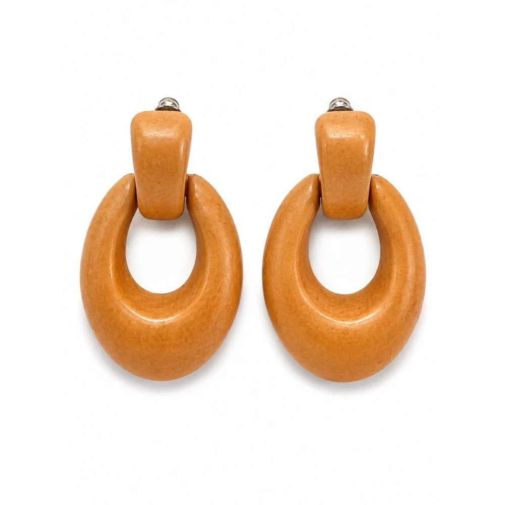 Faux Wood Grain Statement Earrings Brown Plastic Geometric Oval Drop Earrings